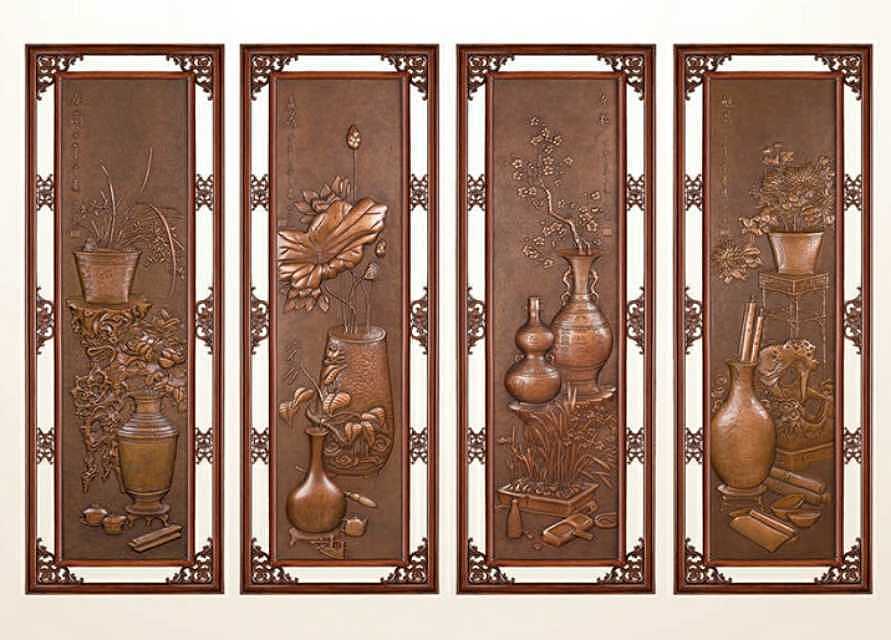 錾铜春夏秋冬四条屏浮雕画