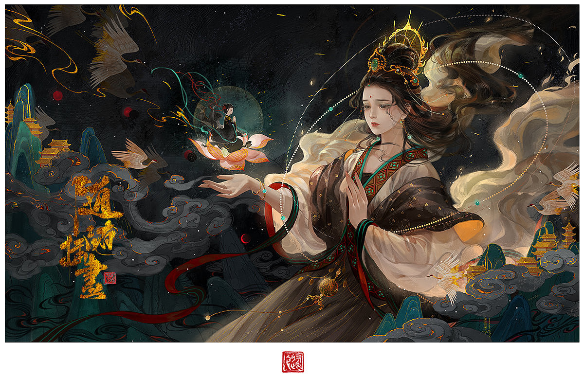 第一张金灿灿的敦煌飞天古风插画来自随随大仙画风