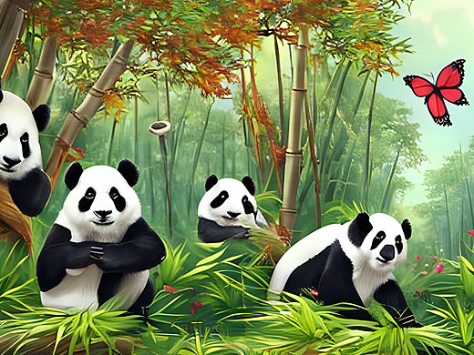 #站酷梦笔#可爱的大熊猫在竹林里玩耍 阳光 小溪 