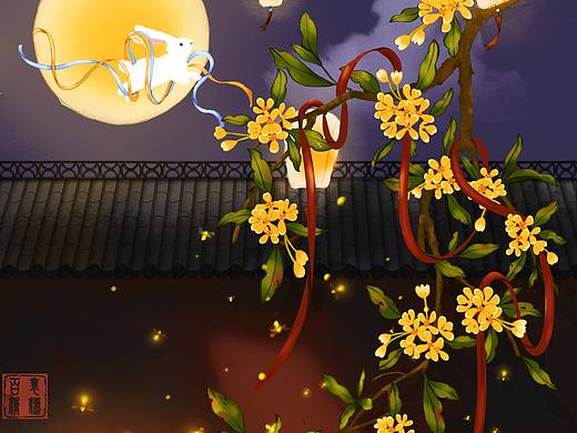 中秋水彩插画-赏月,祈福,赏月,品酒,玉兔,月饼