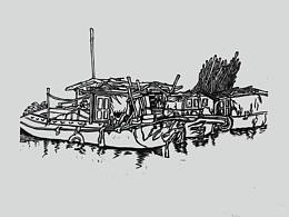 木刻版画-老船·我已不能再行走