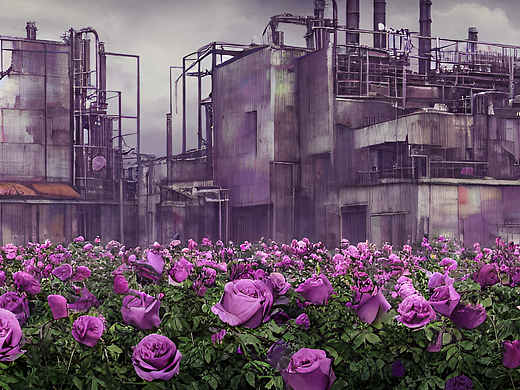#AI创作实验室#一座破旧的工厂被紫色的玫瑰花包围。8k