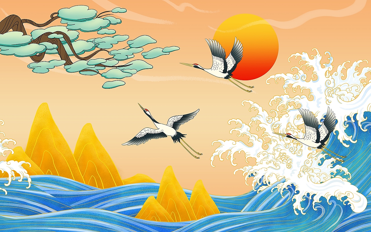 国风仙鹤图手绘插画