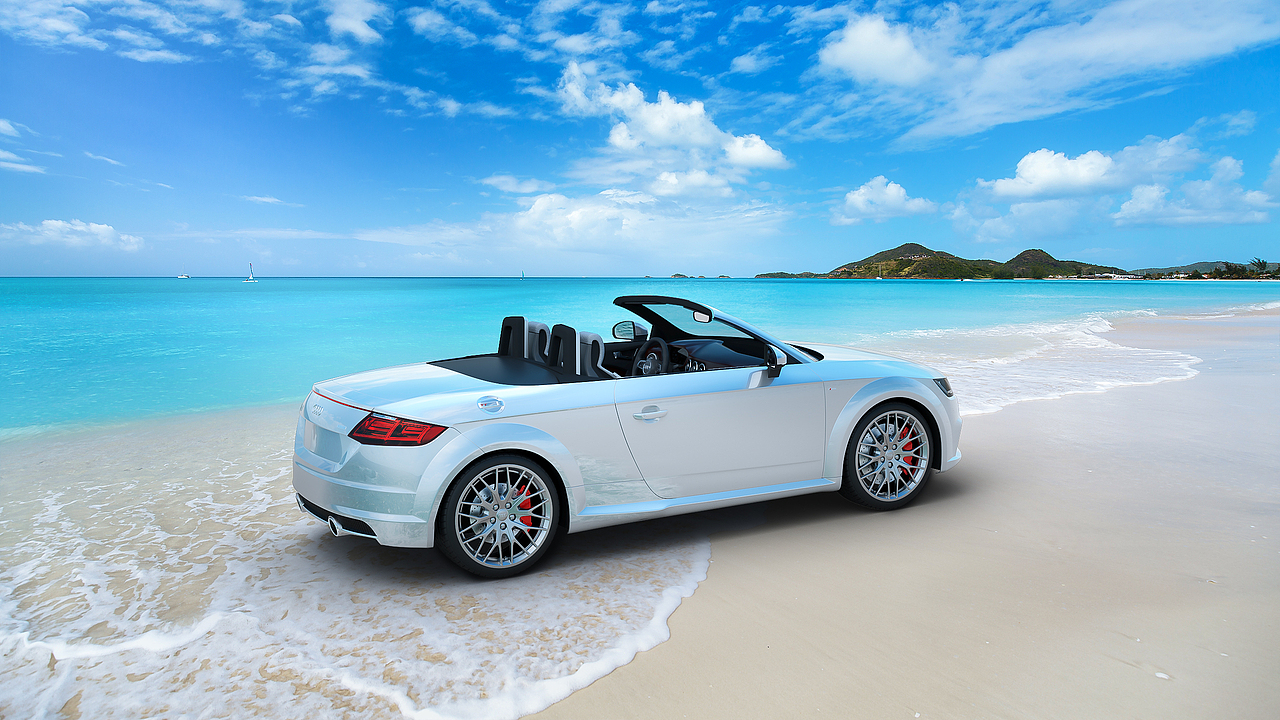 奥迪敞篷汽车海景合成海报 后期渲染广告