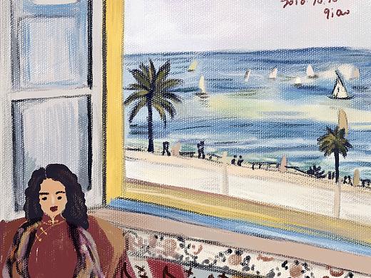 窗边坐 复古插画