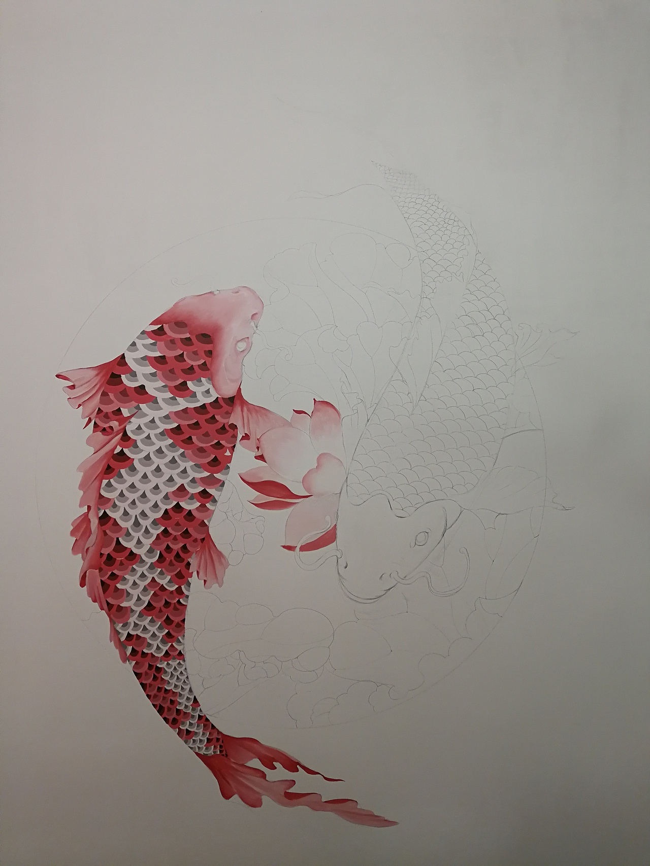 这次的作品属临摹,用了"百鲤先生"的一幅插画临摹而作,锦鲤本就吉祥更