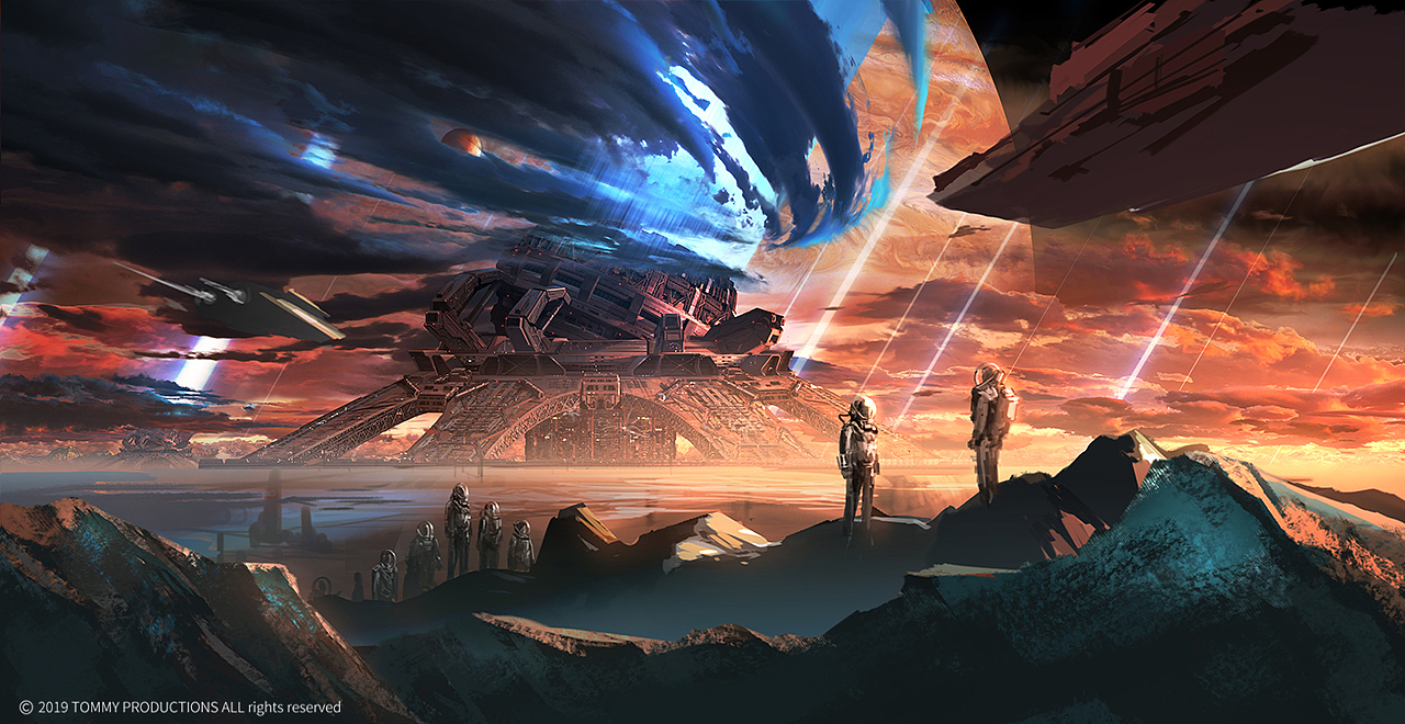 06
发动机周围云层细化——这里我也就不过多赘述了，和之前的方式方法一样。需要考虑到发动机喷出的粒子光照对云层的影响，还有竟可能夸张的表现云层翻滚的效果，利用九宫格变形工具（ctrl+T右键选择变形就会出现）。因为云层本身就是比较虚化的质感，不用太在乎图片的损失（变形会对位图质量产生不可逆的影响，还记得刚才提到的智能对象吗？没错，你也可以把云层变成智能对象）。<br>