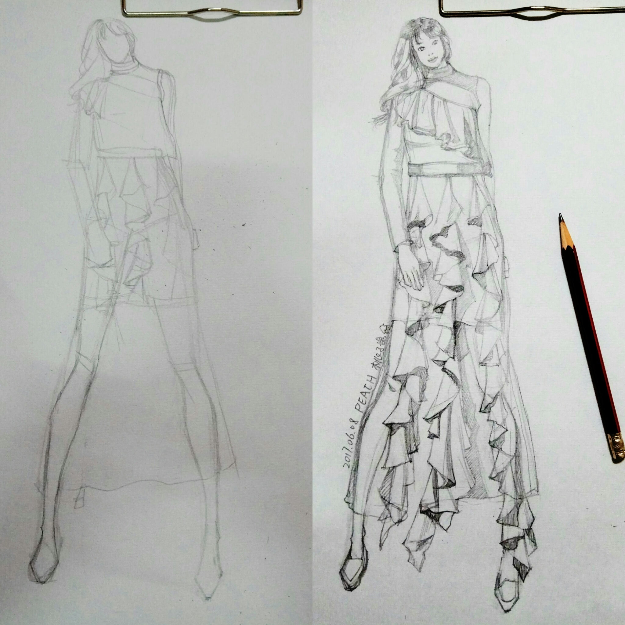 手绘水彩蕾丝质感服装效果图
