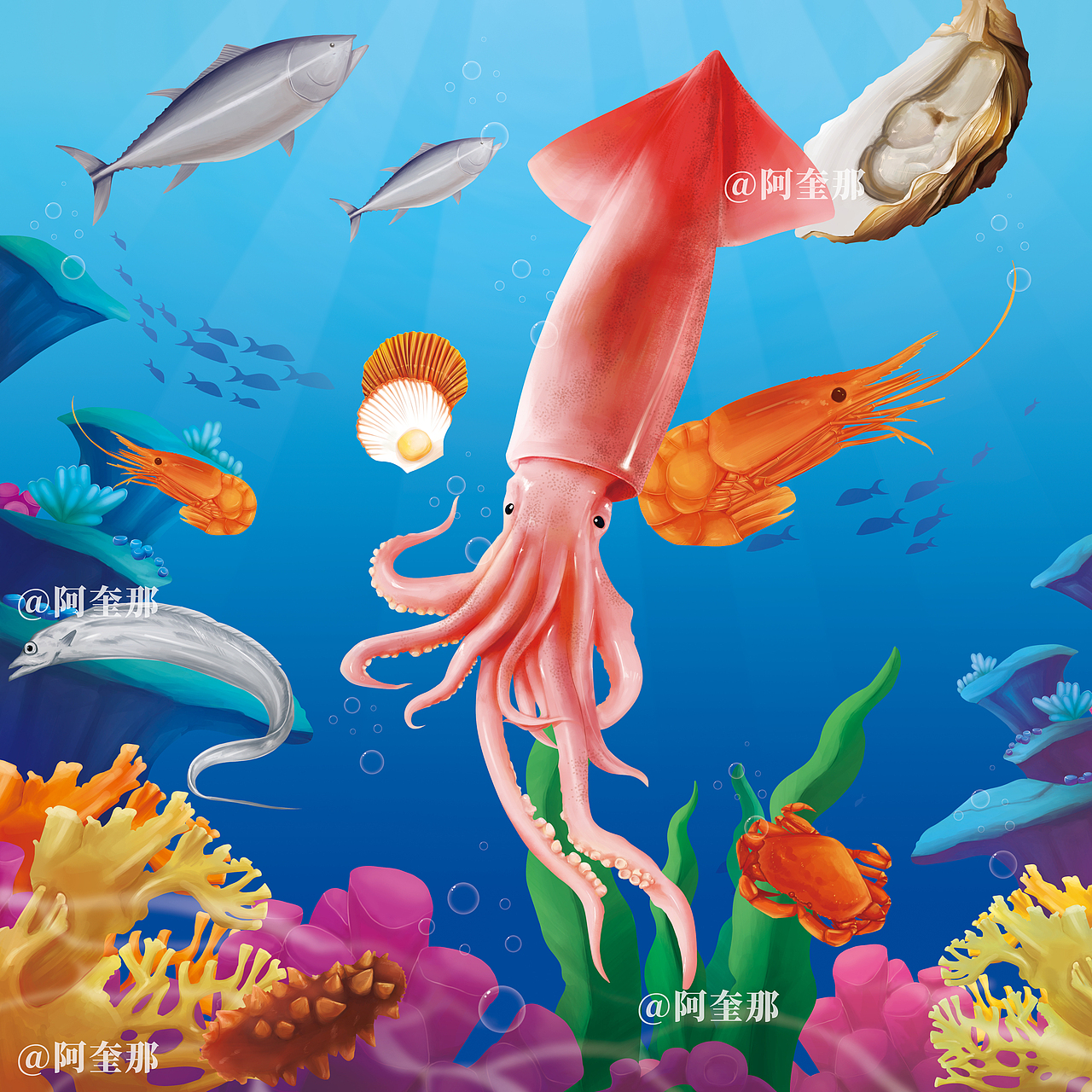 海鲜礼盒-手绘包装插画