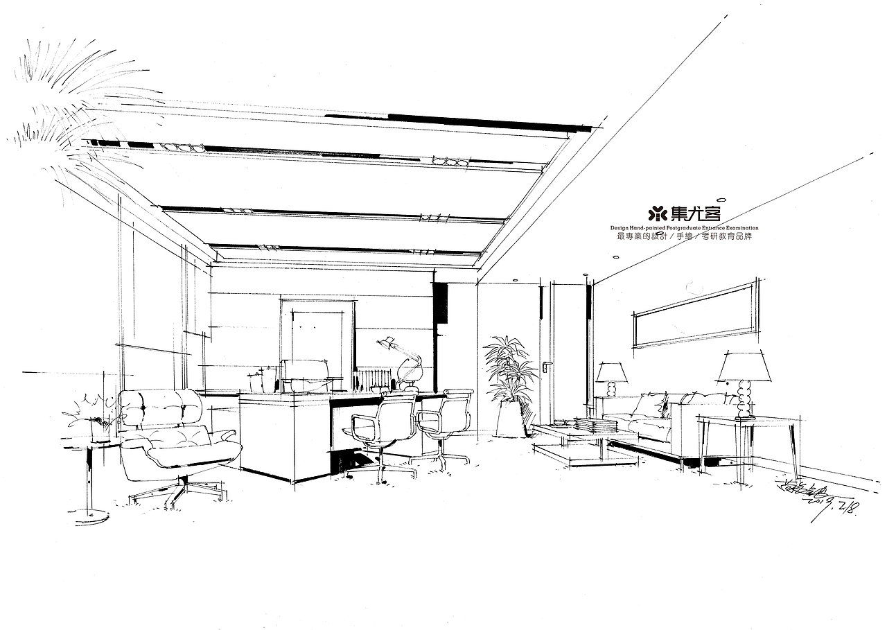 【手绘作品分享】苗长银老师室内办公空间手绘步骤表达|空间|家装设计