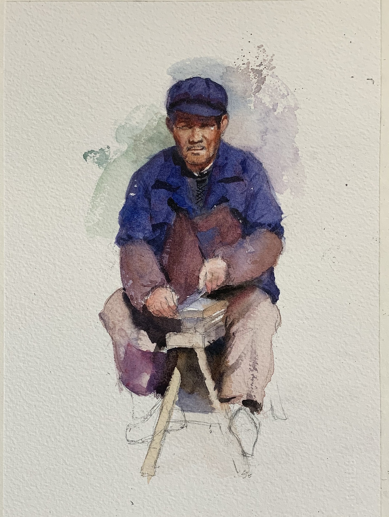 夏宇航水彩画《磨刀的老汉》