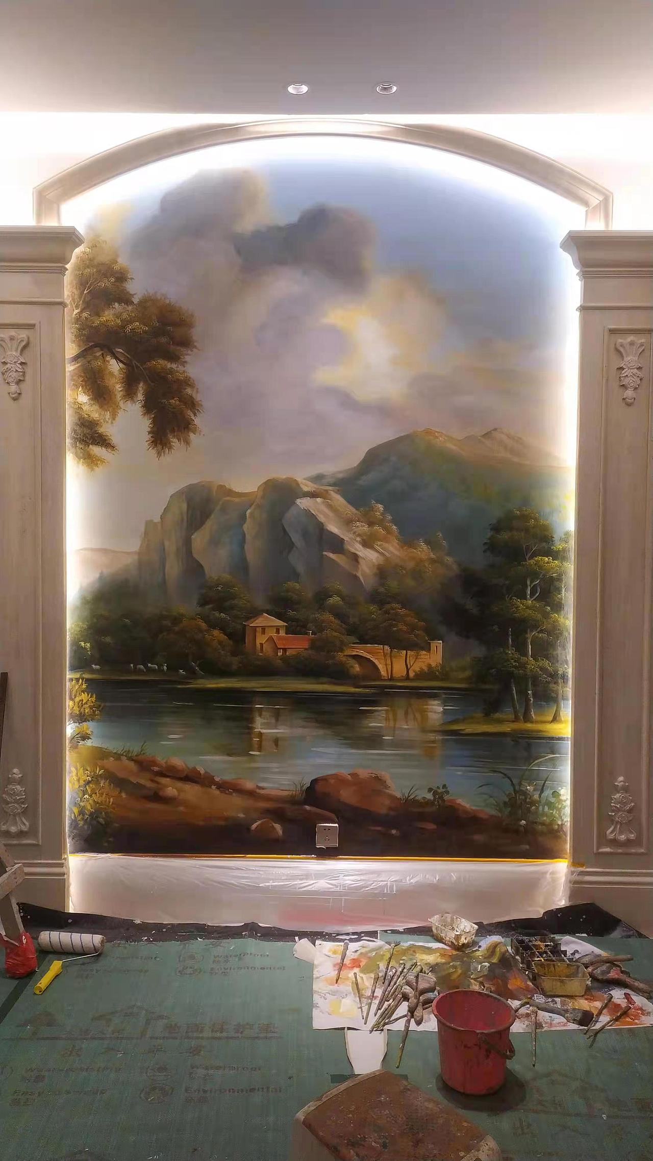 中信山语湖大别墅手绘风景油画,风水画,背景画端景画