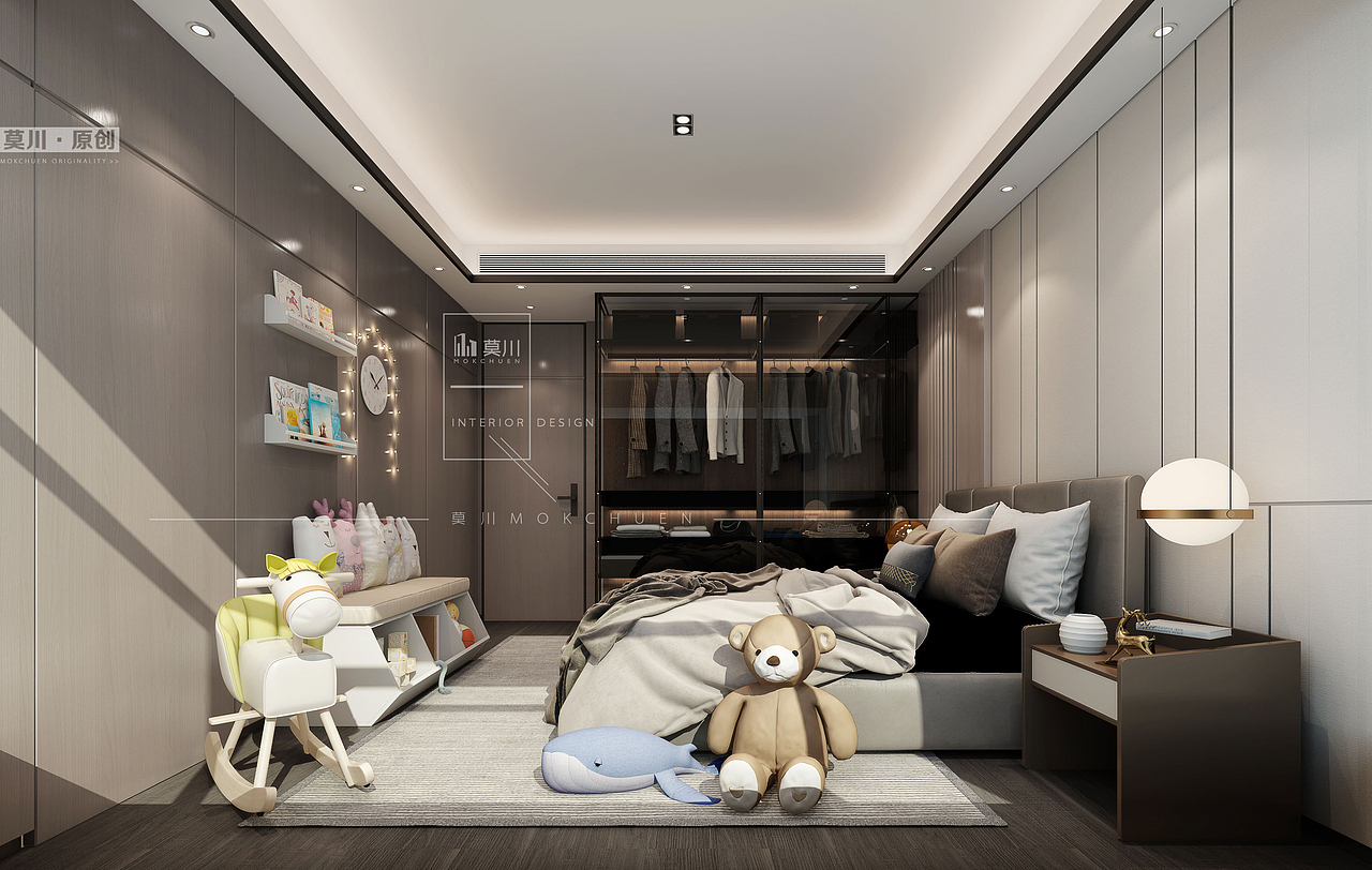 儿童房①床头背景墙采用木饰面跟硬包做成一个过渡衔接的效果,分隔的设置为五福临门传统图案的一种延伸。