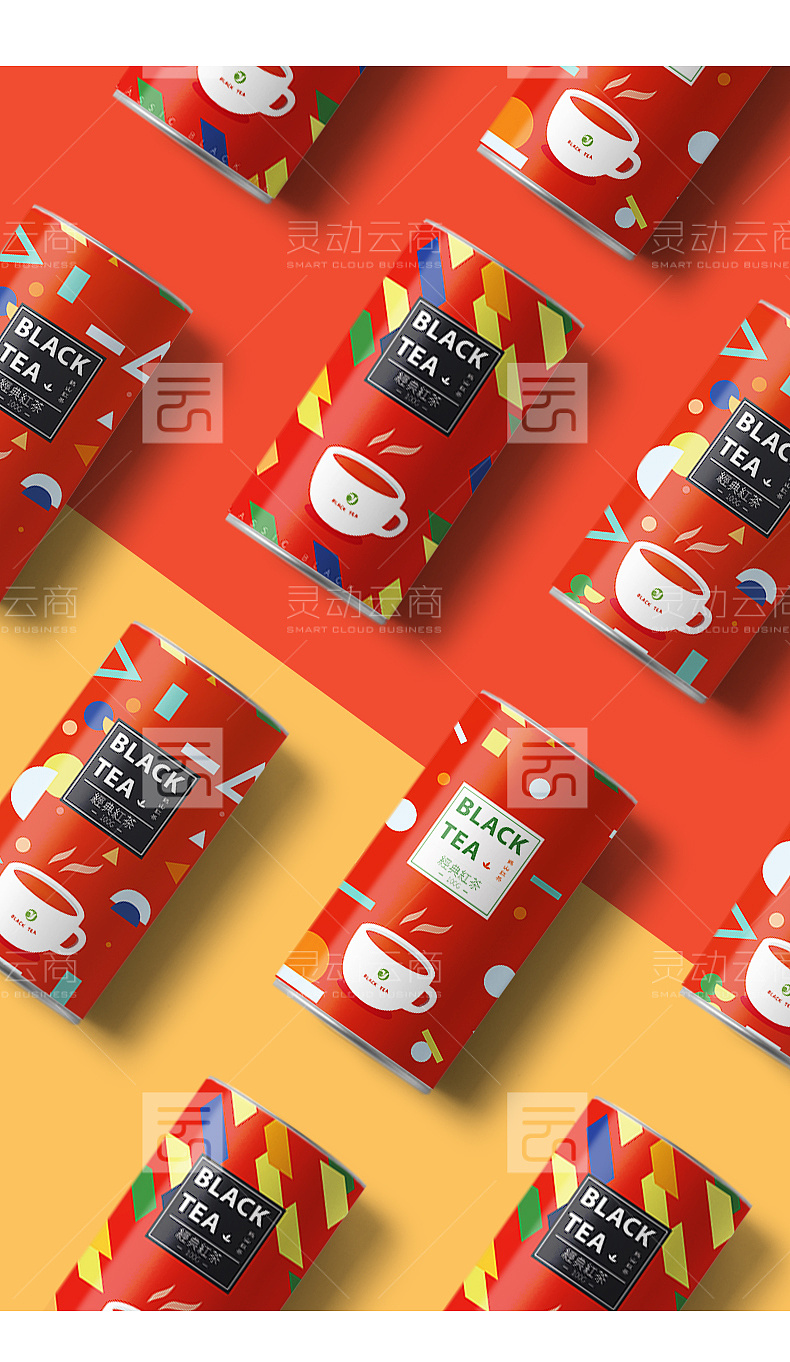 中国红风格茶叶罐包装设计几何图形平面—by灵动云商