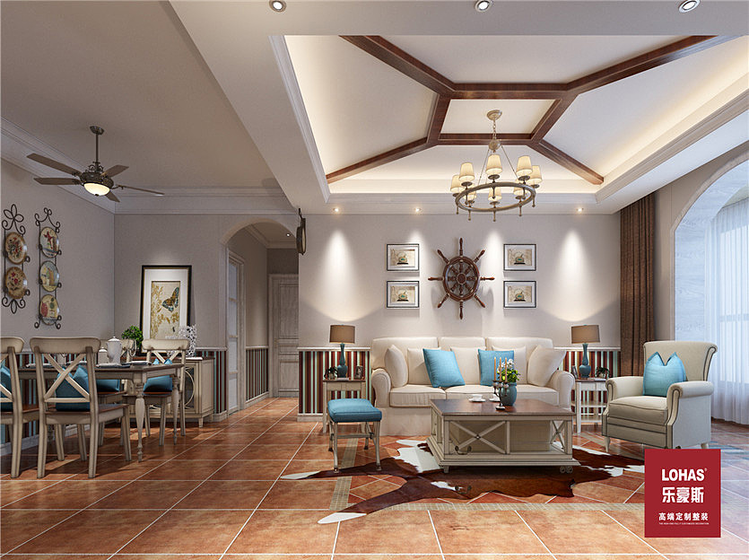 客厅:简单的木质线条与吊顶呼应,蓝色的背景壁纸与沙发配饰结合。