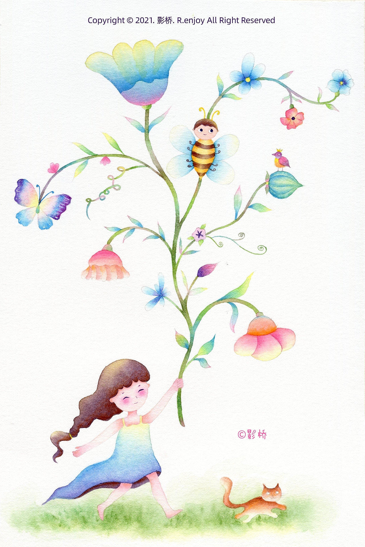 【影桥原创插画】《在草地上奔跑的女孩儿》（图ZMjY3ODU2MTc2） - 创作习作 - 站酷设计师影桥原创素材 - 站酷ZCOOL