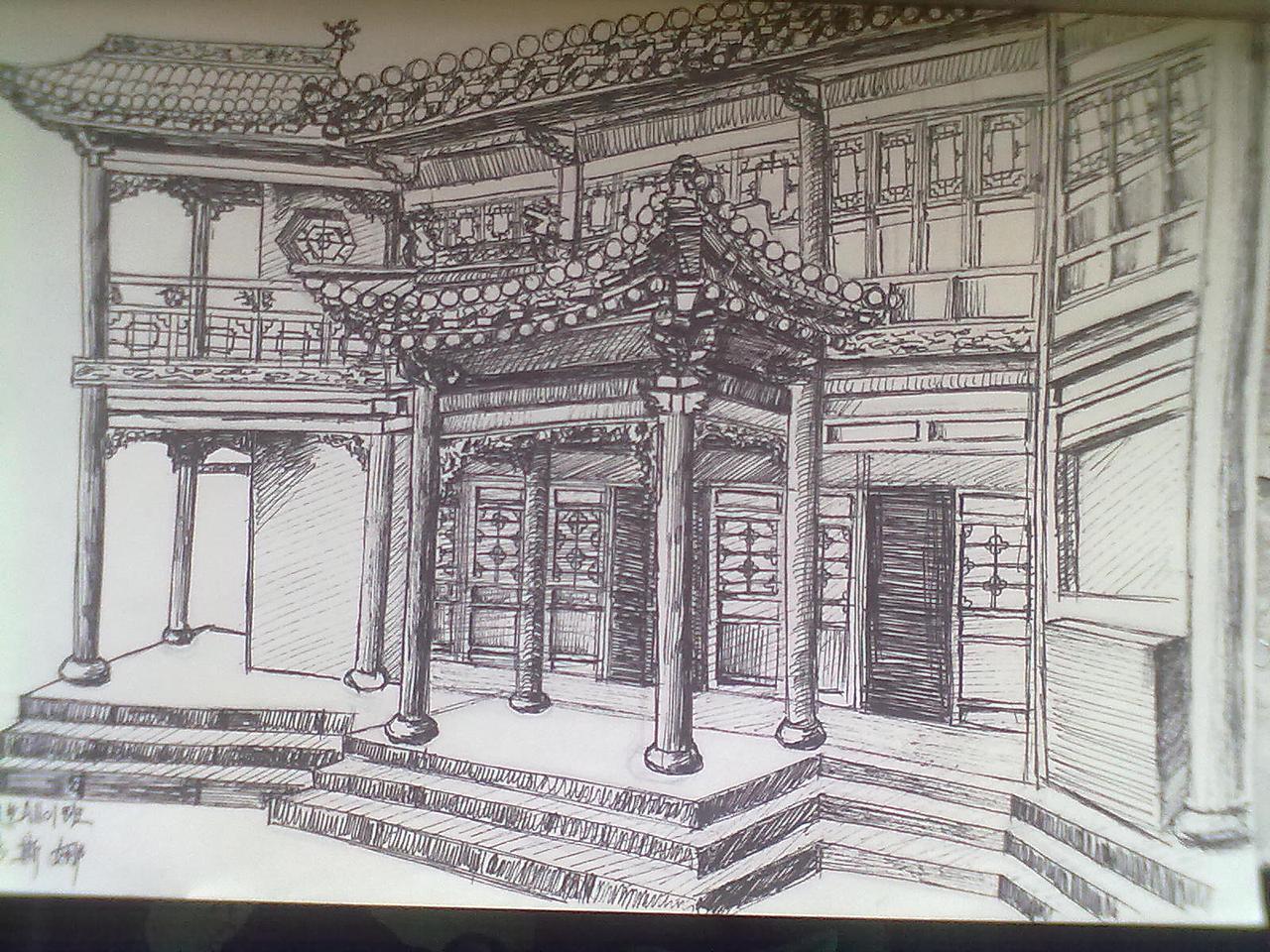 中性笔写生|空间|建筑设计|那一抹微笑衬斜阳 - 原创作品 - 站酷