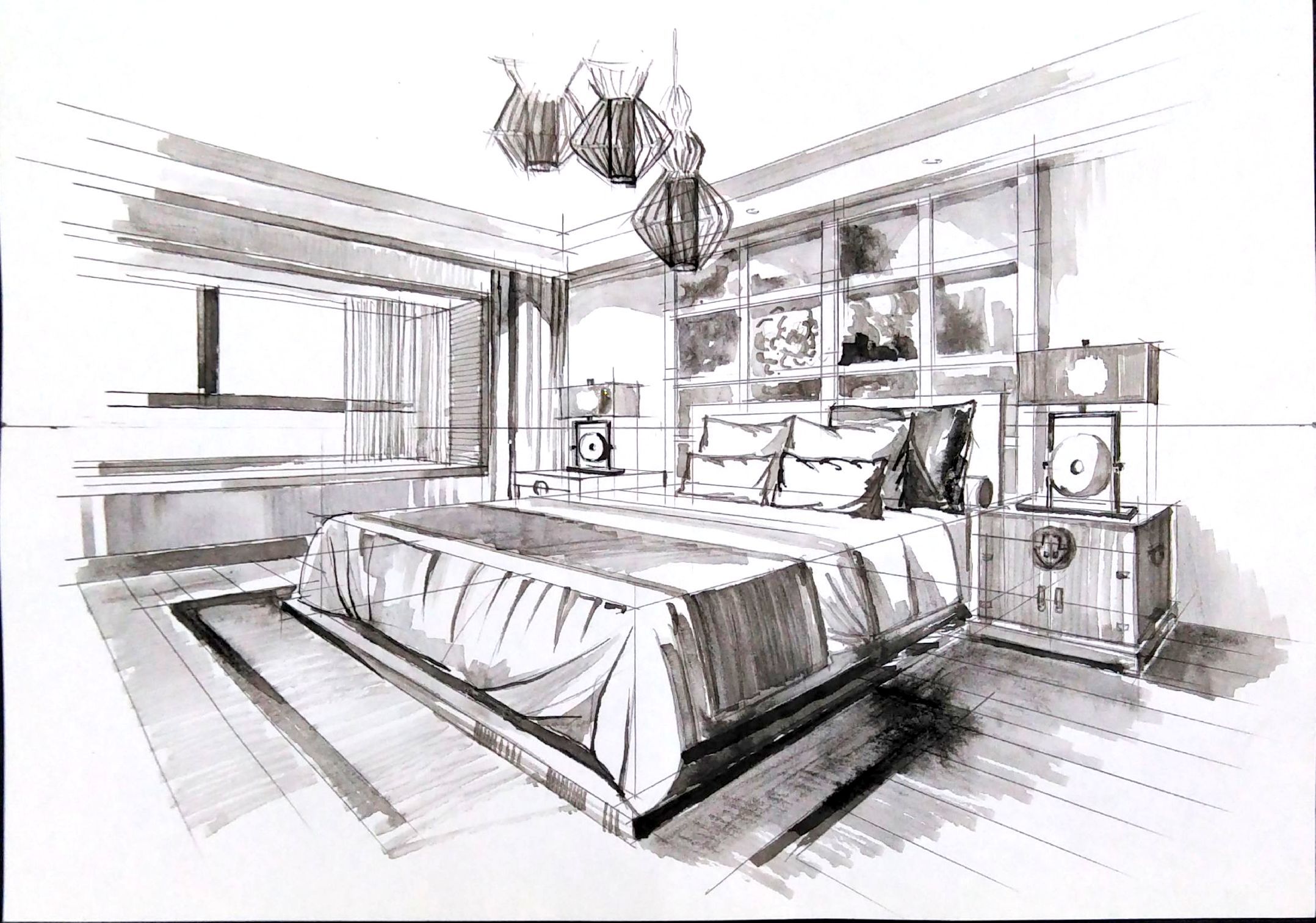 客厅空间一点透视黑白效果绘制步骤图。|空间|家装设计|一叶手绘 - 原创作品 - 站酷 (ZCOOL)
