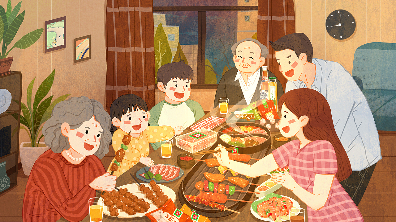 一家人吃烧烤|插画|商业插画|souee_原创作品-站酷zcool