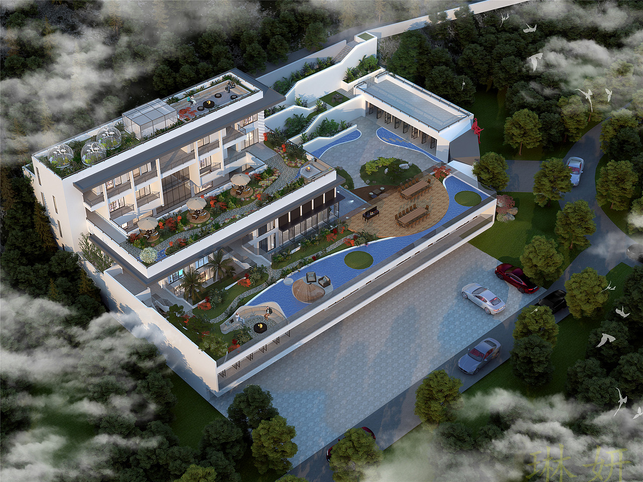 别墅鸟瞰加透视
