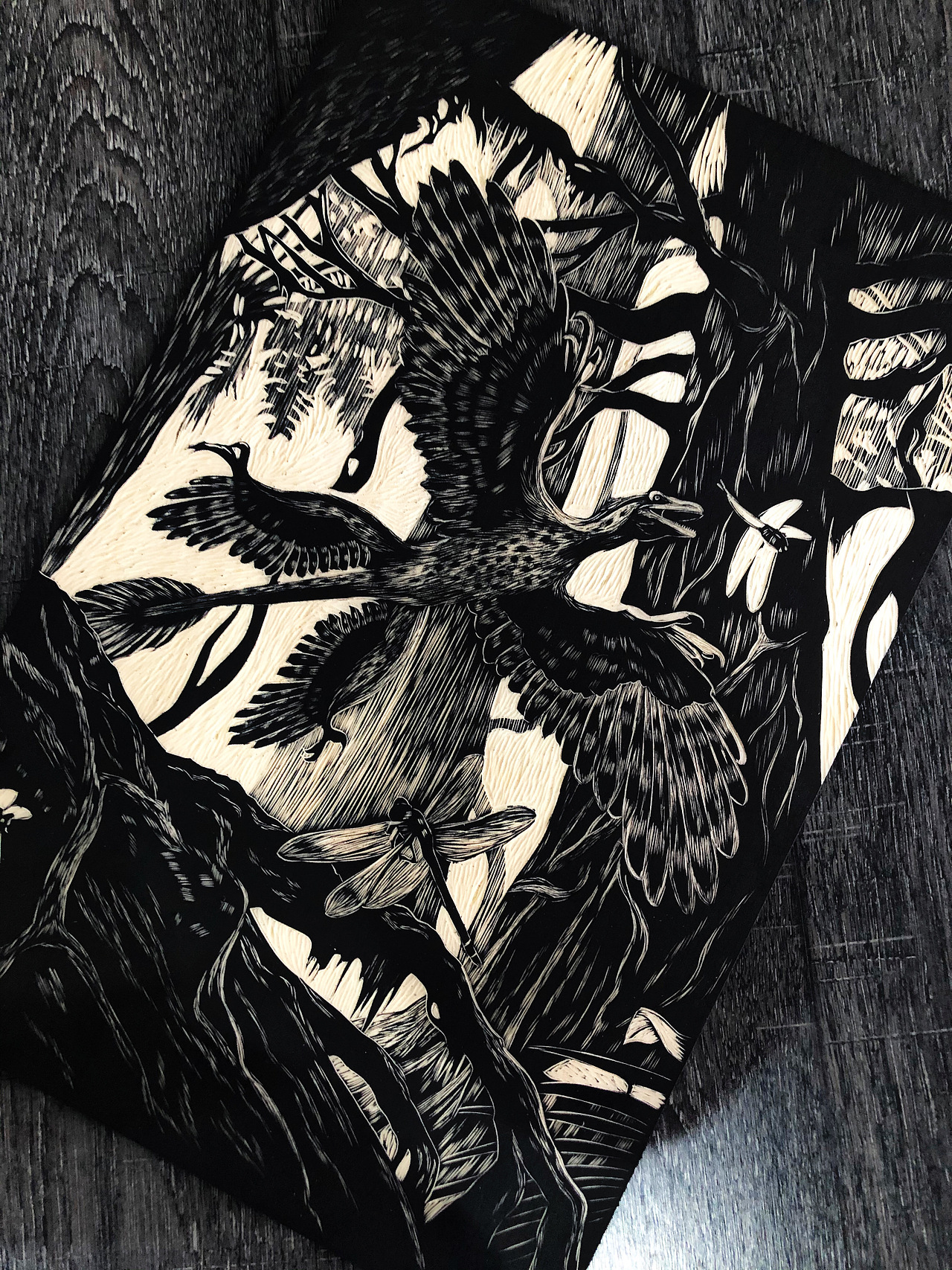 手工雕刻黑白木刻版画《飞行的奥秘》