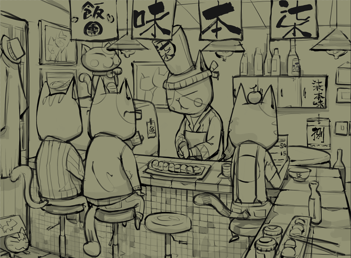 喵星人寿司店水墨菜单设计后面有步骤和笔刷下载