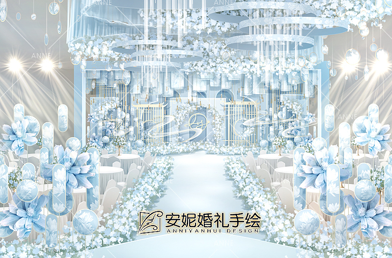 兰玲 | 新中式水蓝色主舞台安妮婚礼手绘效果图