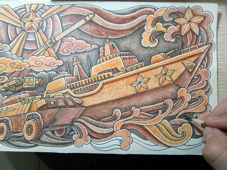 《军魂》浮雕设计稿 手绘过程