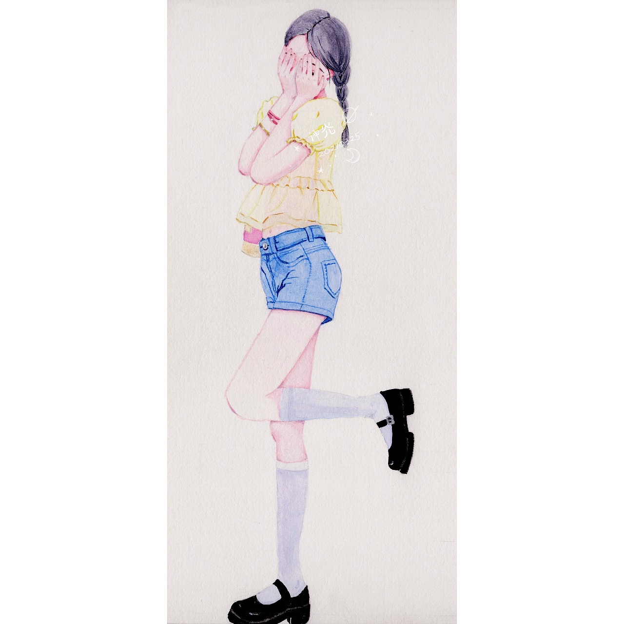 水彩人物全身绘制 捂脸害羞少女|插画|商业插画|神灮guang - 原创作品