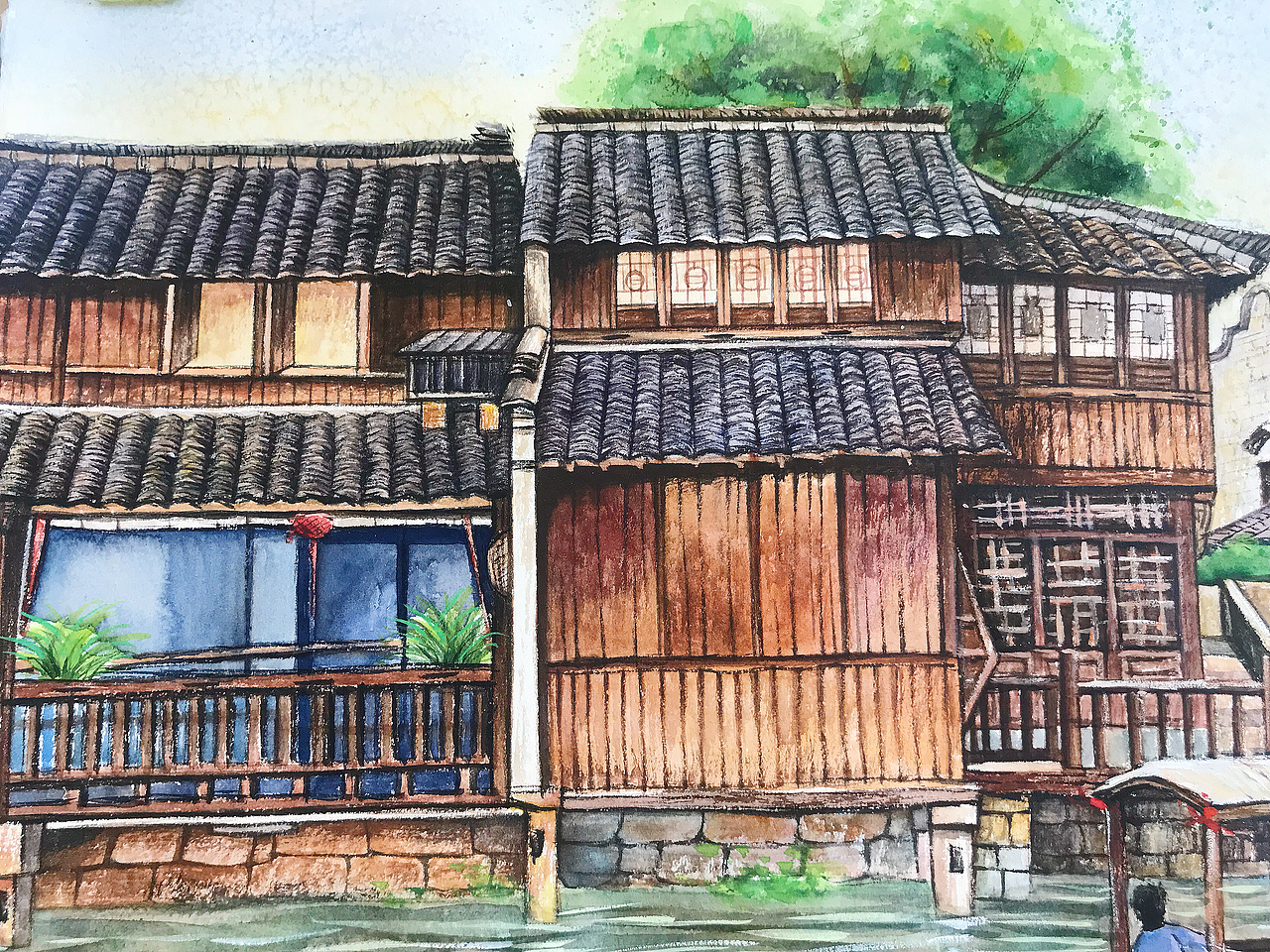 水彩 古镇 水乡