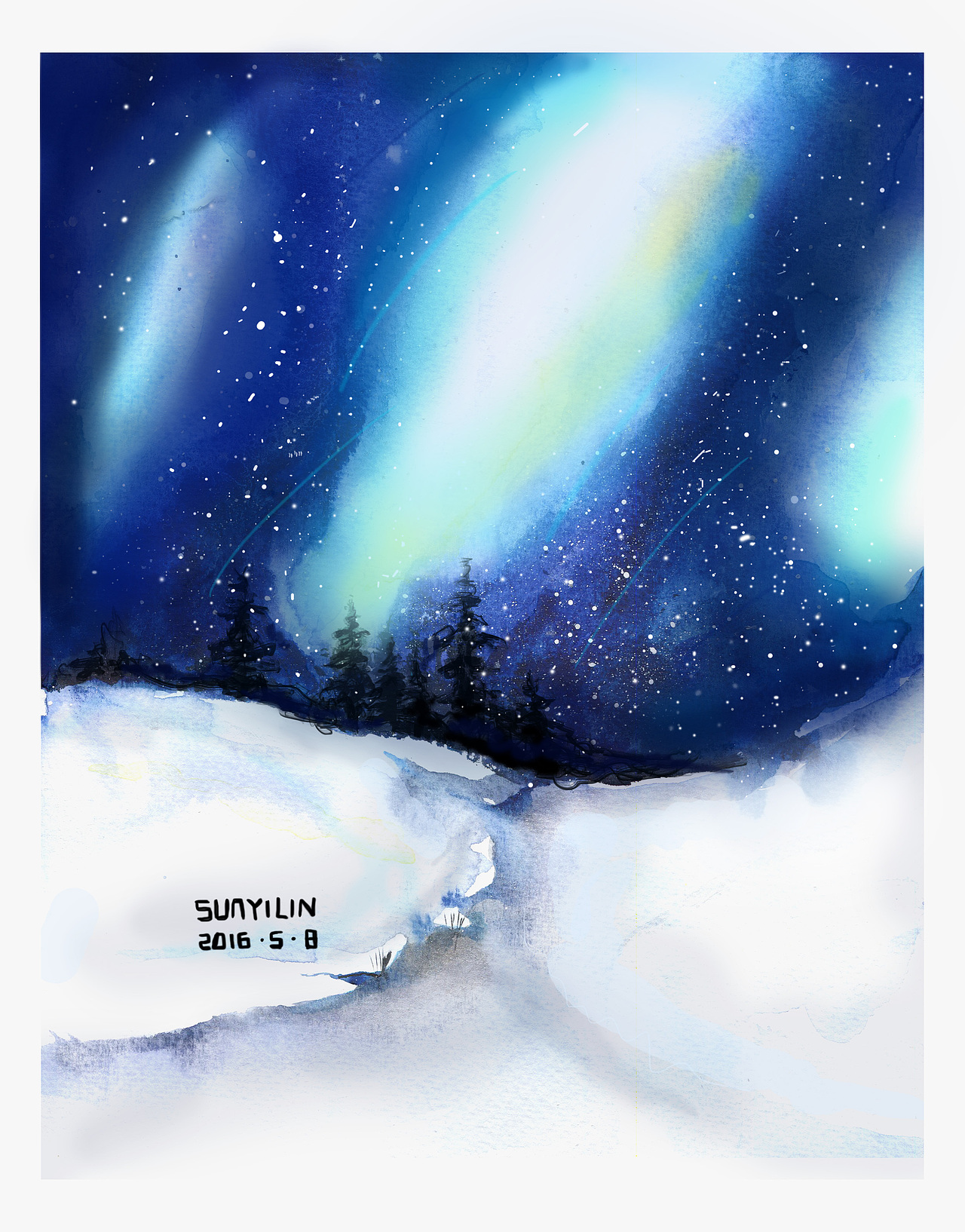 极光 水彩插画步骤图