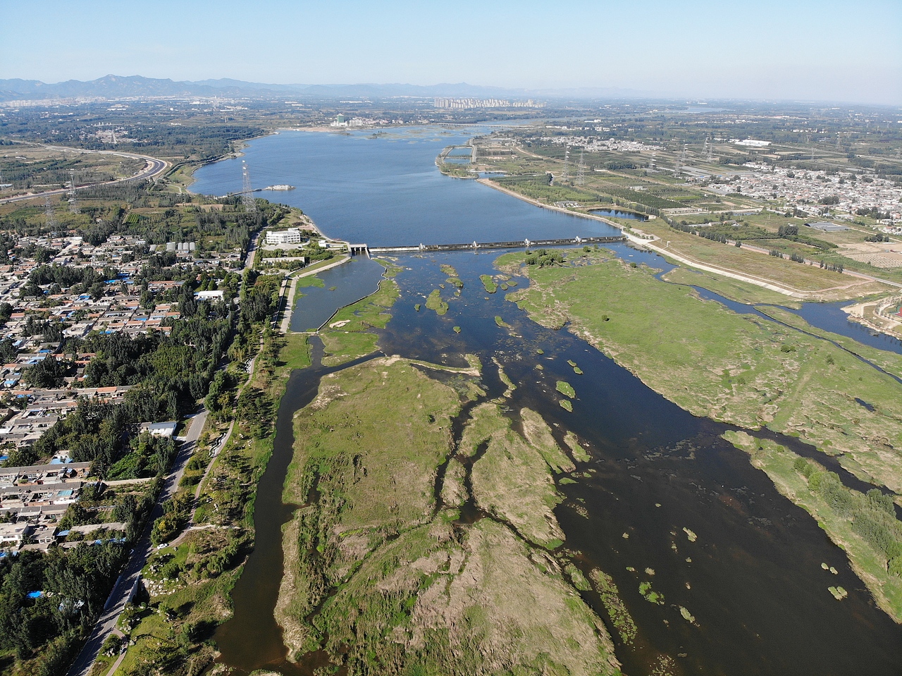 泰安大汶河湿地公园 北集坡湿地公园航拍美丽风景
