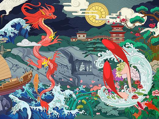 龙门石窟鱼跃龙门商业插画