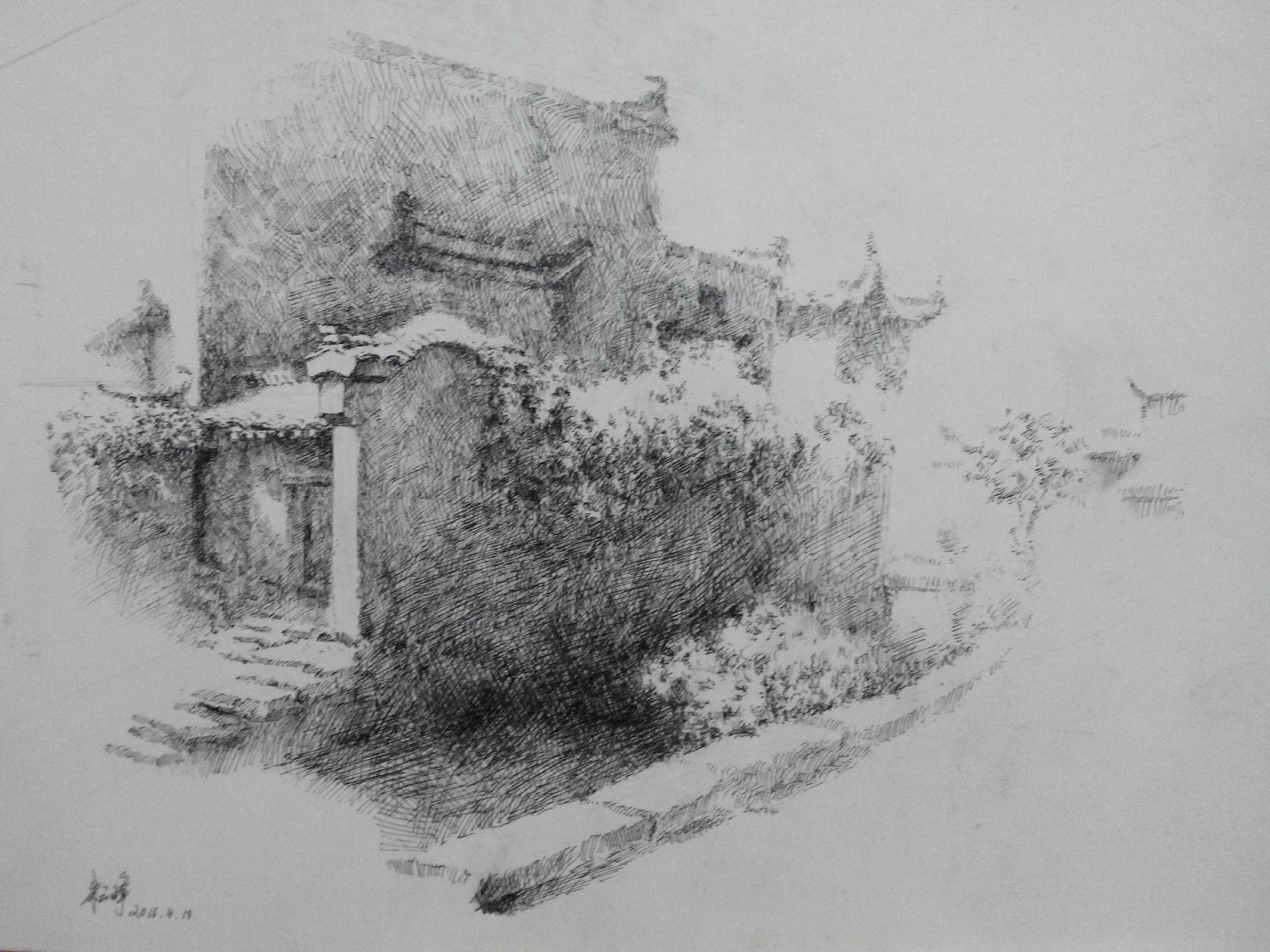 安徽西递,屏山钢笔画写生