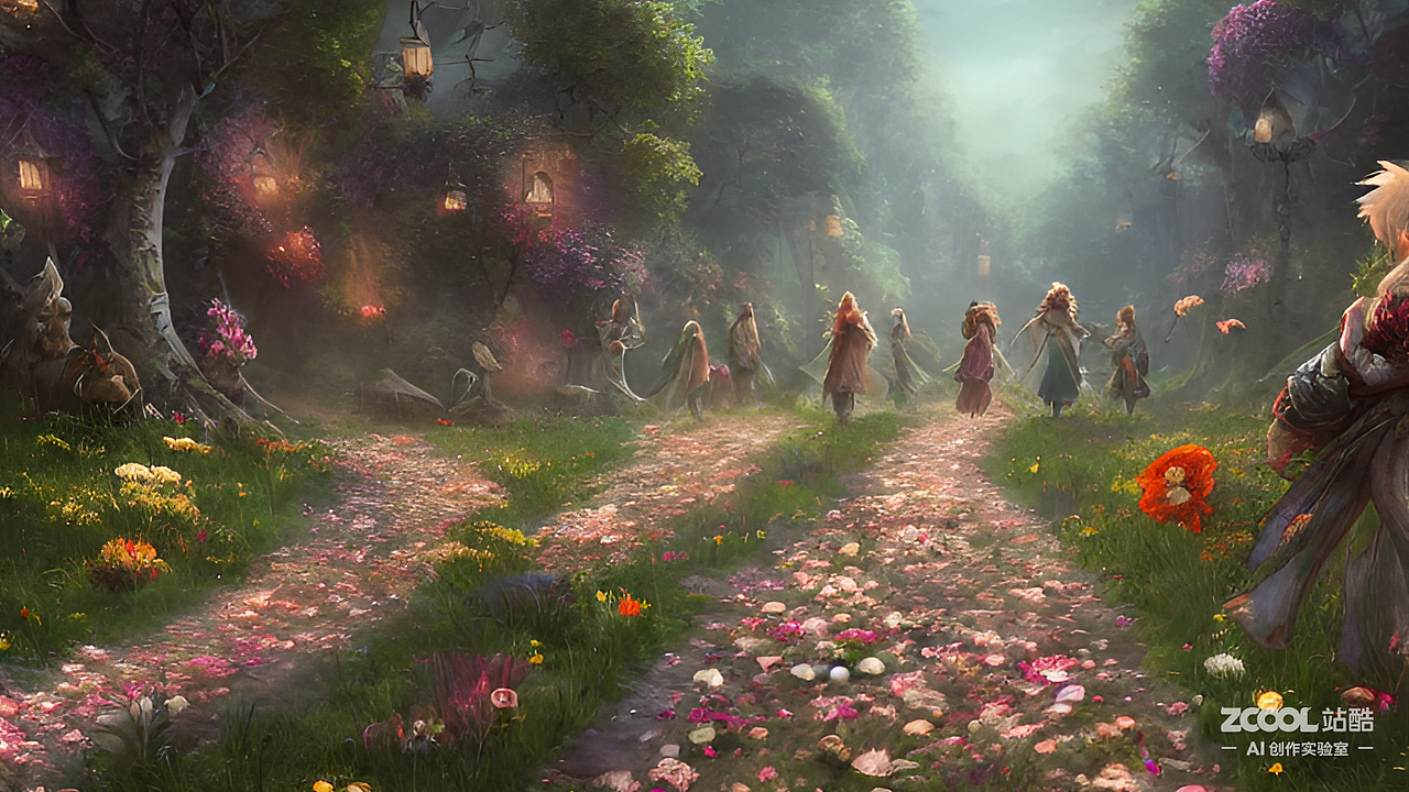 #AI创作实验室#一条充满鲜花的路，花瓣飞舞，小精灵（图ZMzIzOTY4NzIw） - AI作品 - 站酷设计师By泠泠七弦心原创素材 - 站酷ZCOOL