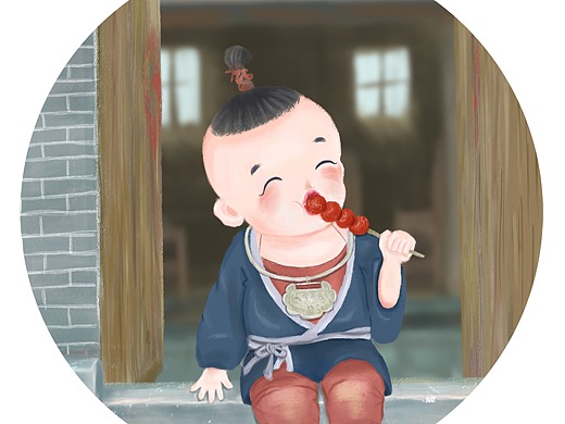 坐在门槛上吃糖葫芦的小孩