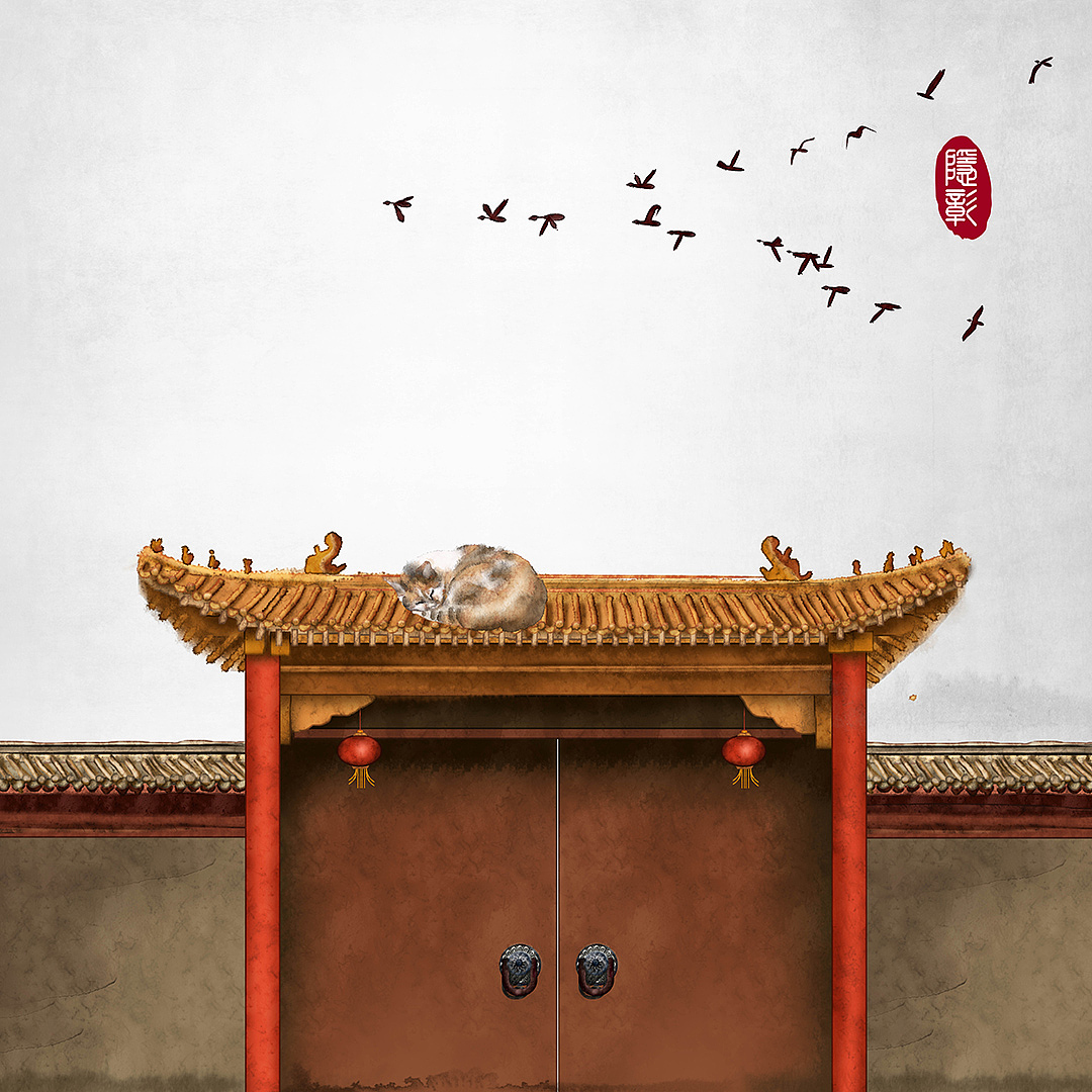 中式门竹子古建筑古门飞鸟古风水墨画古风插画