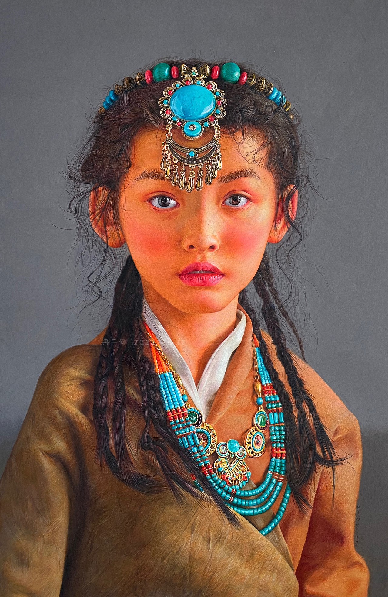 彩铅人物-《头戴绿松石的小女孩》