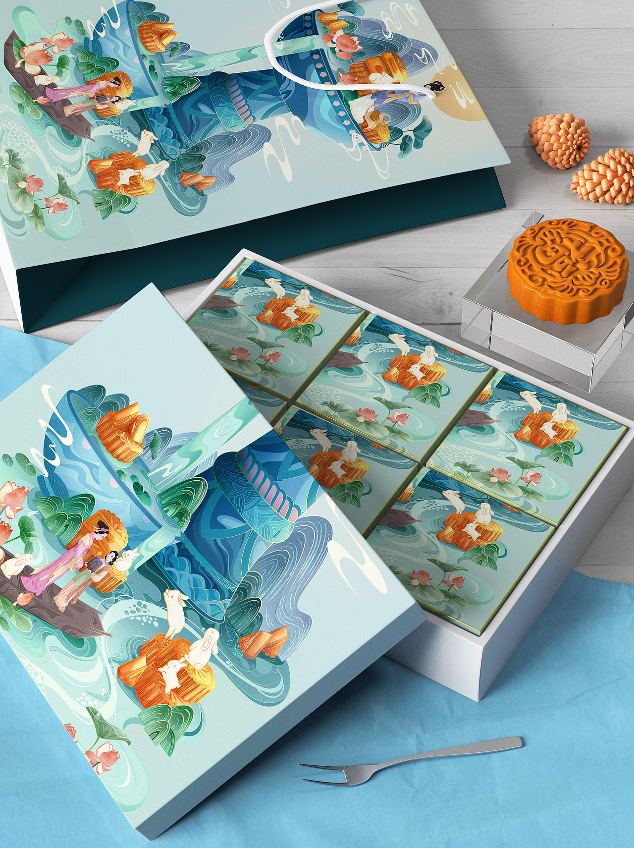 中秋月饼包装——《镜花水月》（图ZMzE0ODQ4NDAw） - 商业插画 - 站酷设计师海代汤原创素材 - 站酷ZCOOL