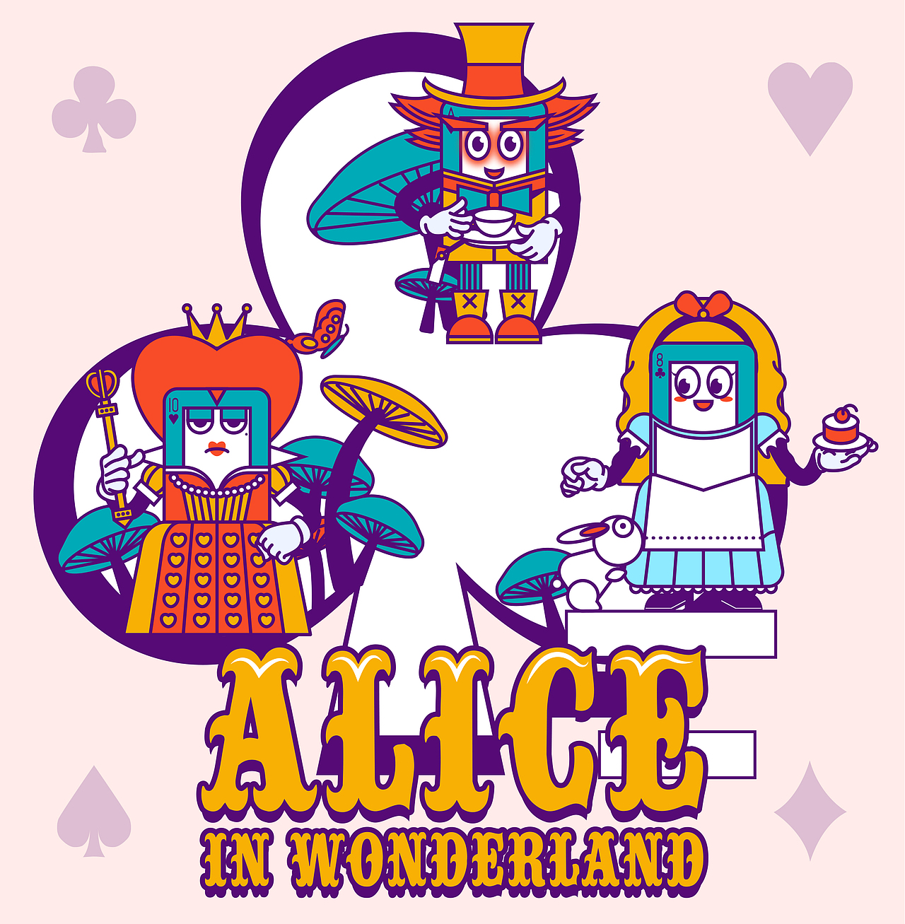 扑克牌爱丽丝梦游仙境单色涂鸦