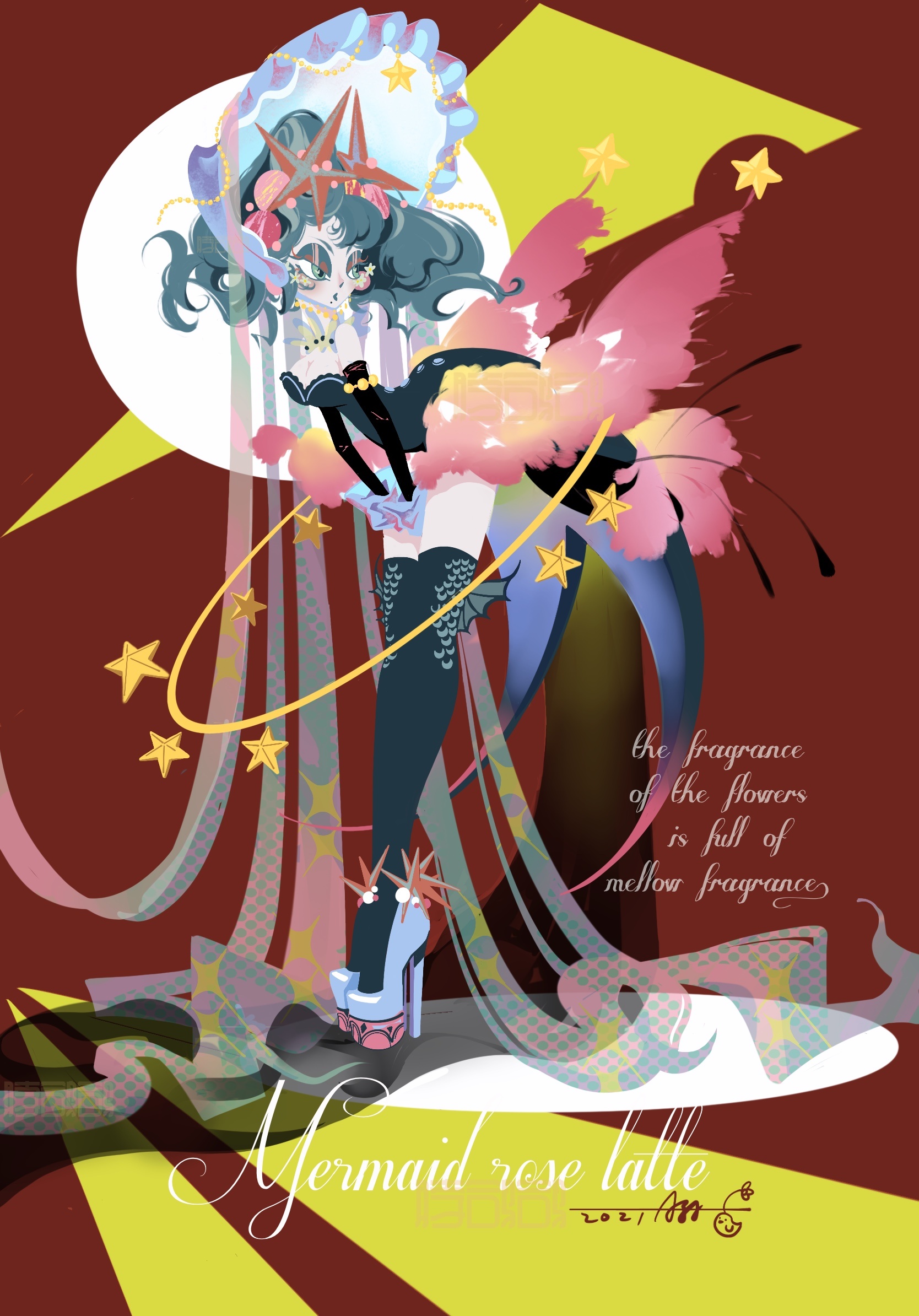 插画拟人|夏日饮品系列—美人鱼玫瑰拿铁