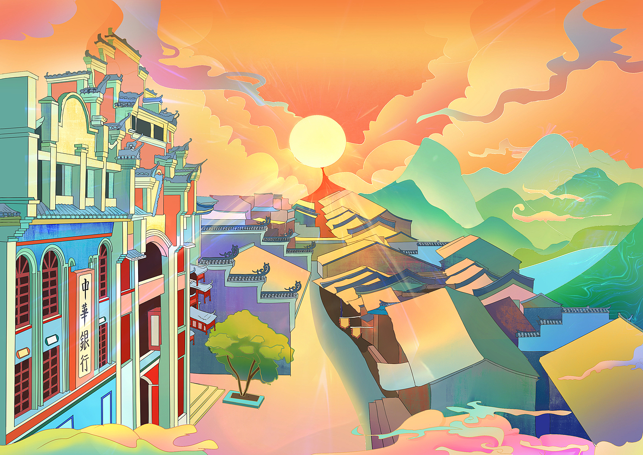 关于大圩古镇的插画,有关于汉王庙,关帝庙,清代民居的建筑,通过自身对