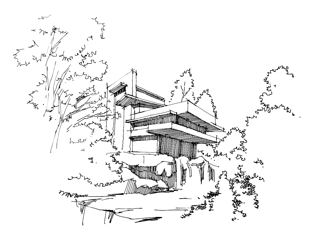 流水别墅钢笔画