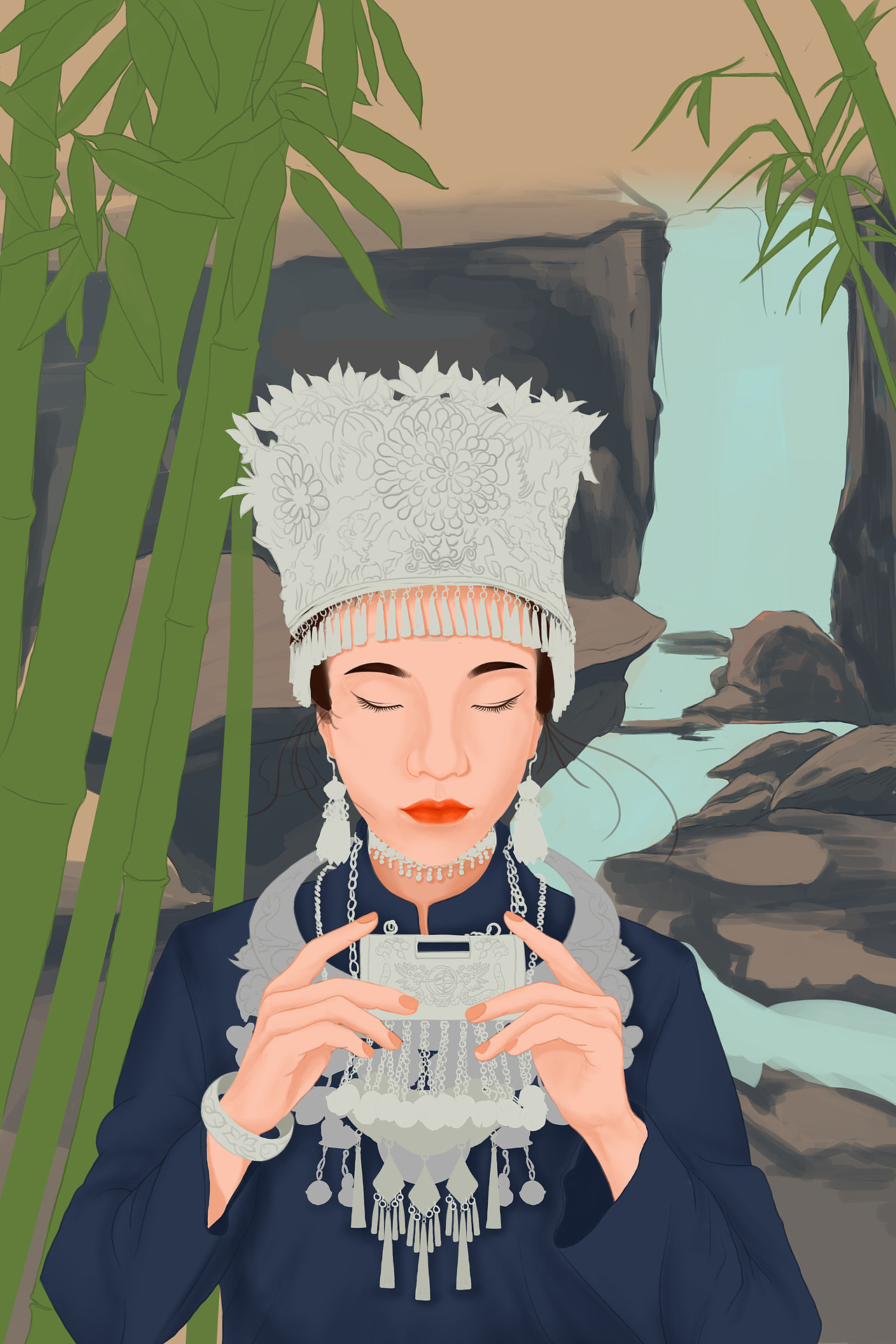 苗族银饰人物插画