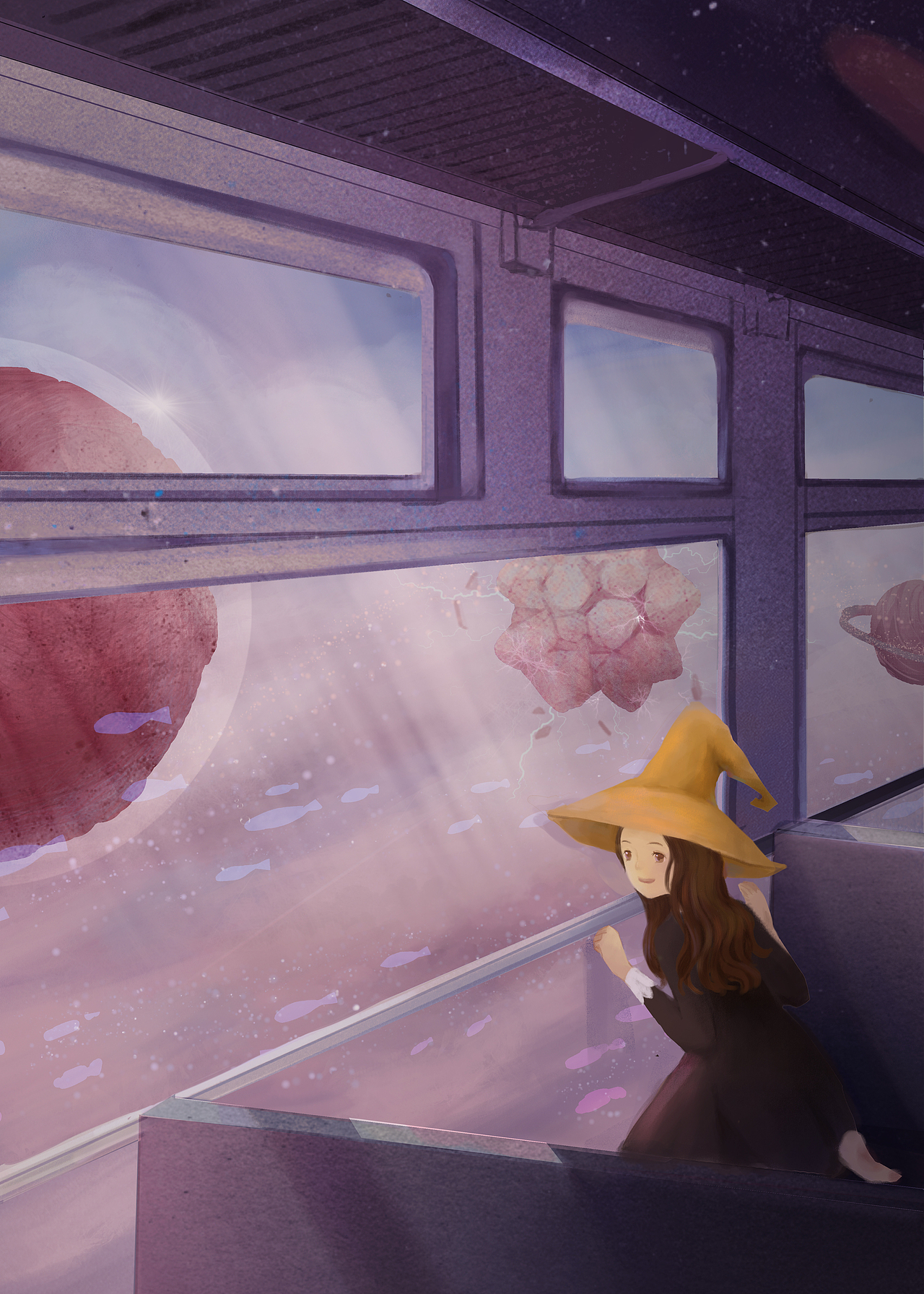 窗外的飞鱼穿梭在星河里
每颗星球的都散发着耀眼的光芒<br>列车沿着轨道前行<br>小黄帽开始了一个人的旅途