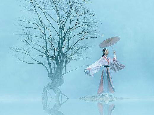 唯美古风人像水面倒影