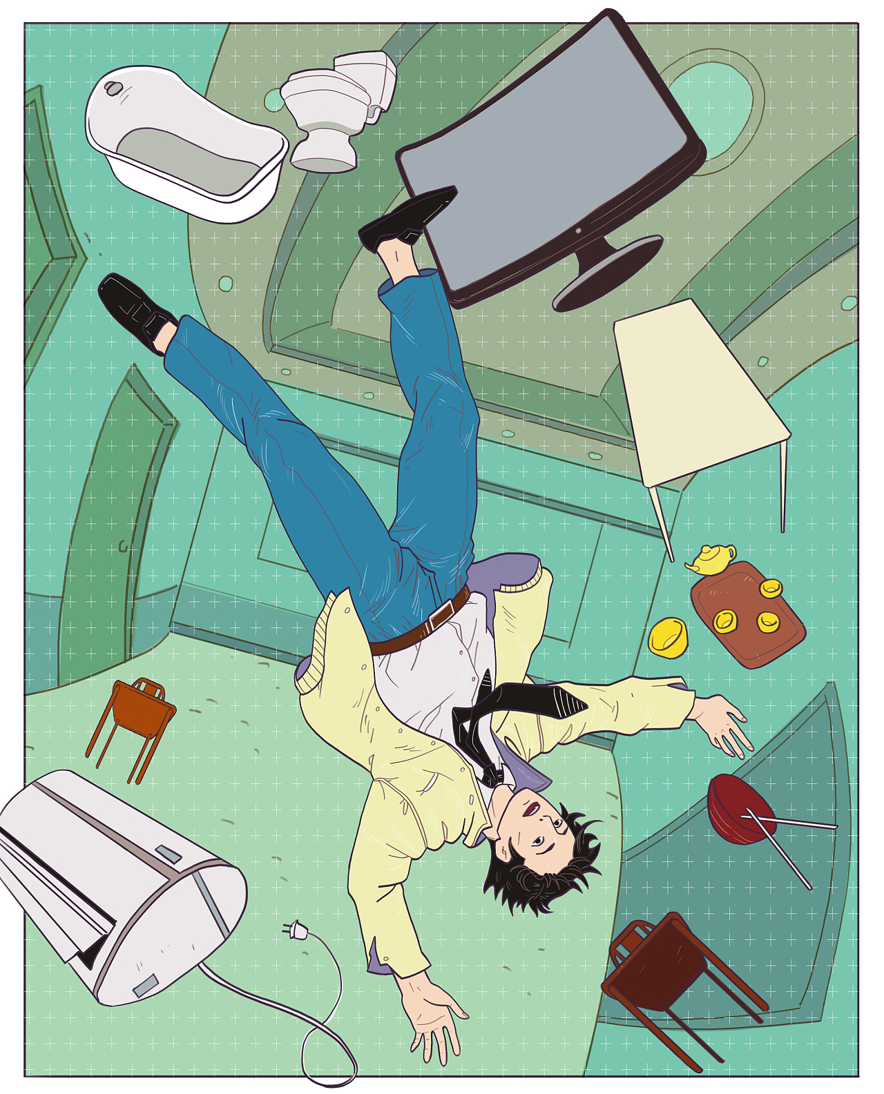 用失重的状态来描绘现在都市青年的心理状态.