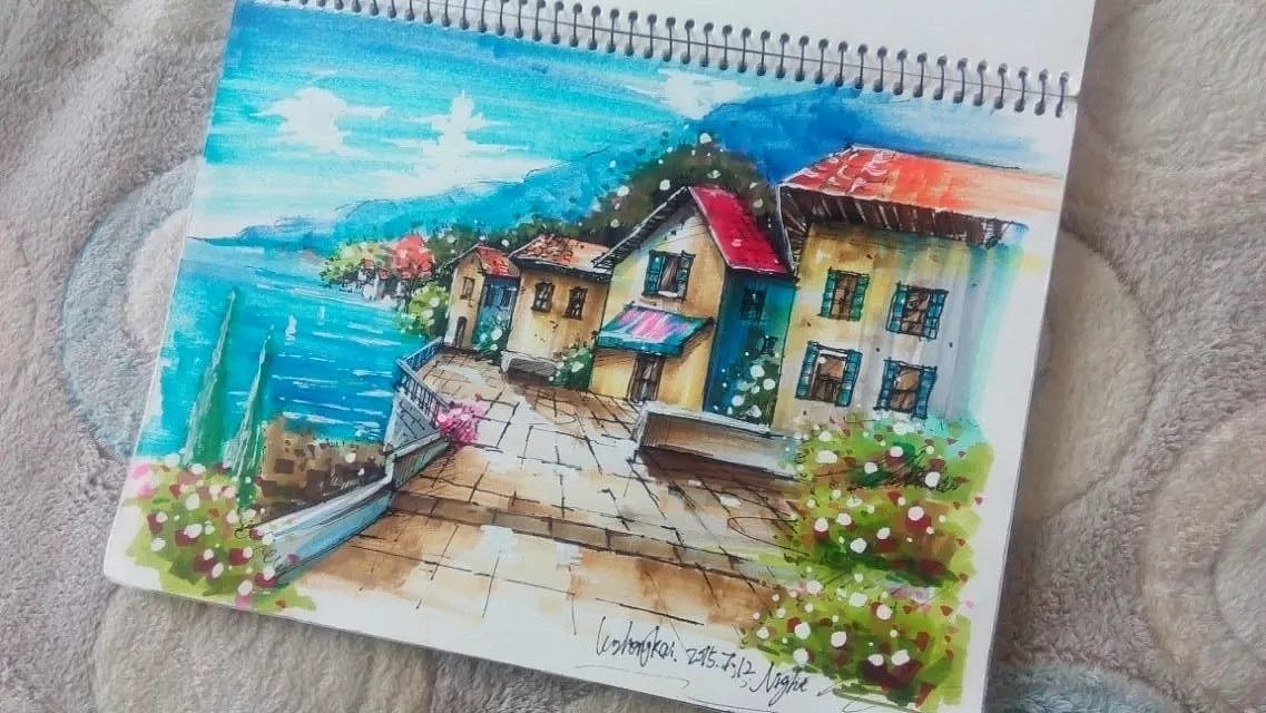 一组手绘马克笔手绘场景