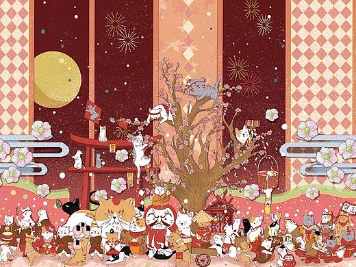 和风猫咪新年柄图