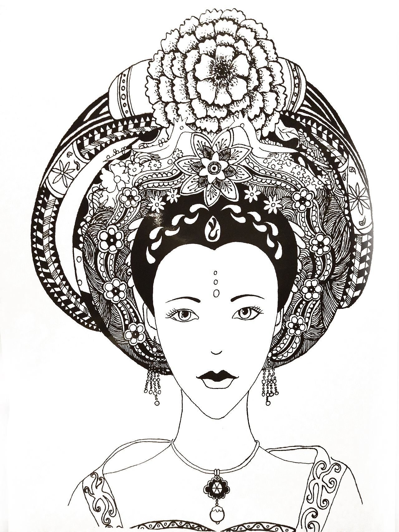 墨色古代美女头饰手绘